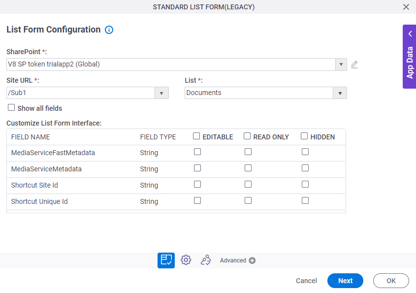 List Form Configuration screen