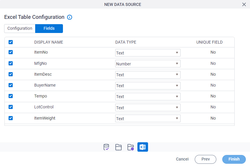 Excel Table Configuration Fields tab