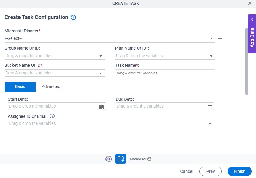 Create Task Configuration Basic tab