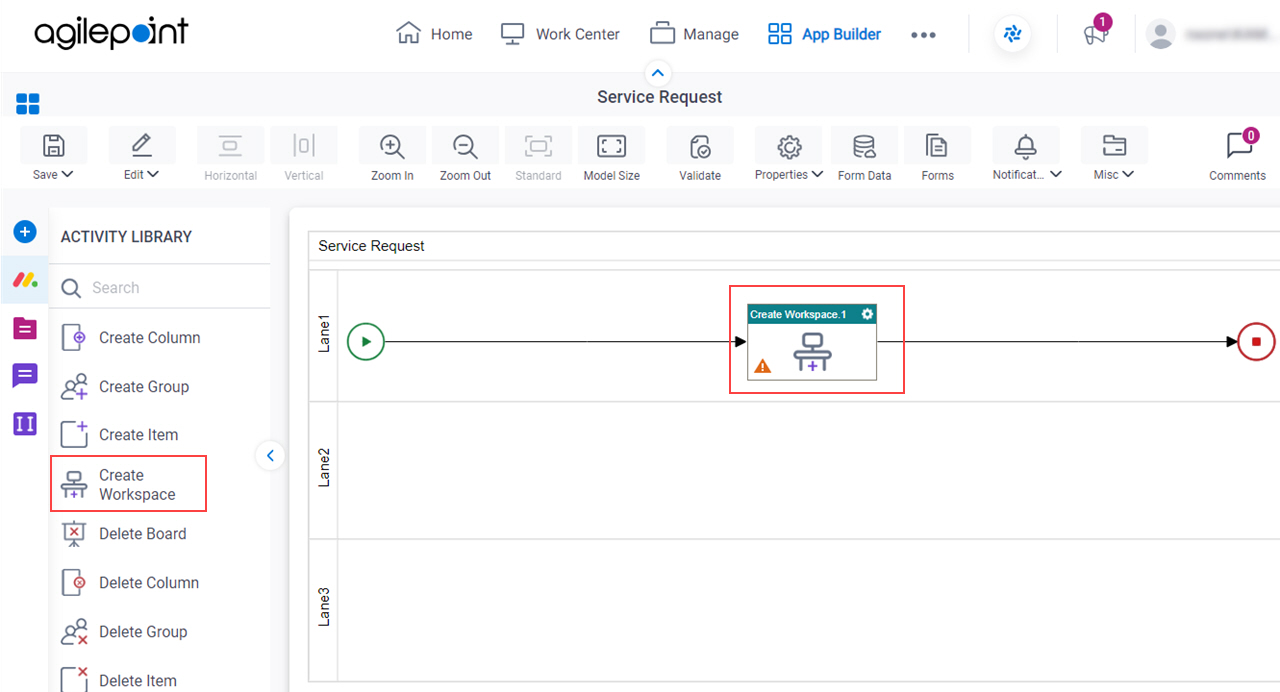 Drag Create Workspace activity