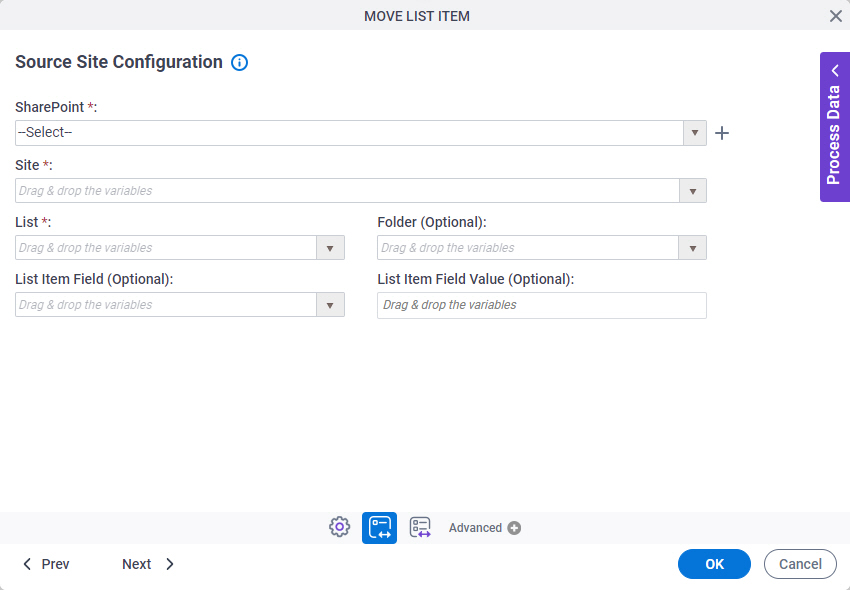 Source Site Configuration screen