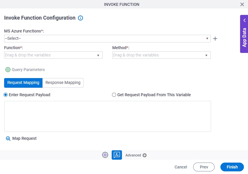 Invoke Function Configuration Request Mapping tab