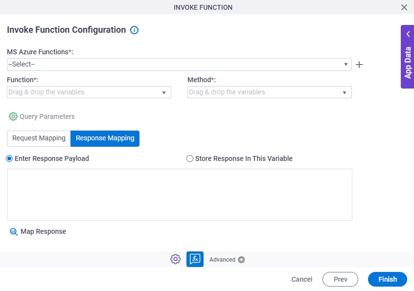 Invoke Function Configuration Response Mapping tab