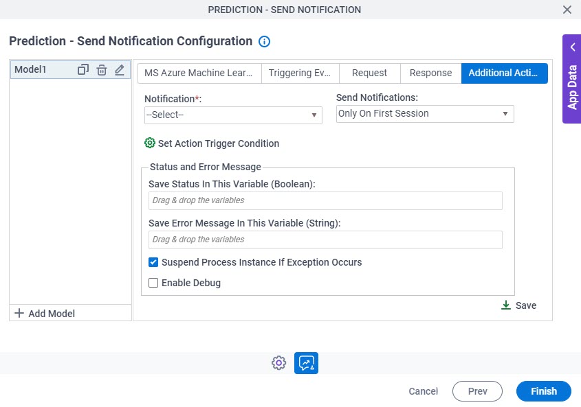 Prediction Send Notification Configuration Additional Actions tab