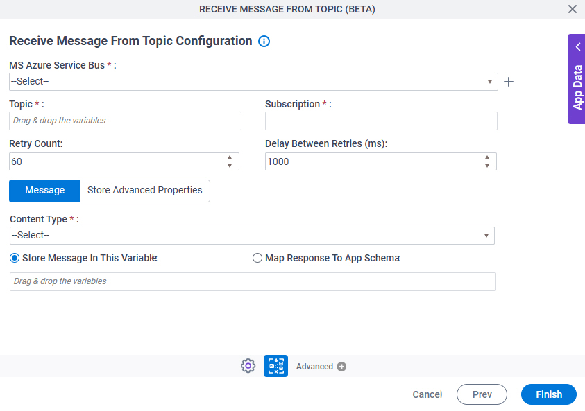 Receive Message From Topic Configuration Message tab