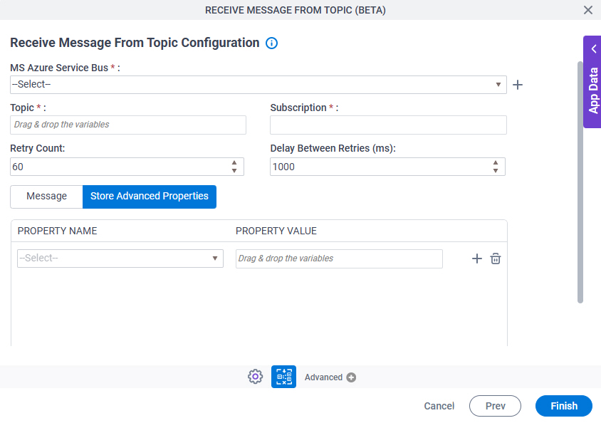 Receive Message From Topic Configuration Store Advanced Properties tab