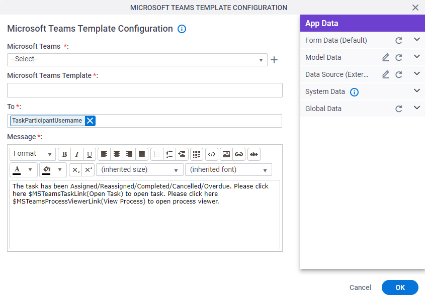 Microsoft Teams Template Configuration screen