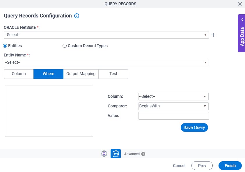 Query Records Configuration Where tab