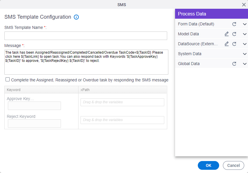 SMS Template Configuration screen