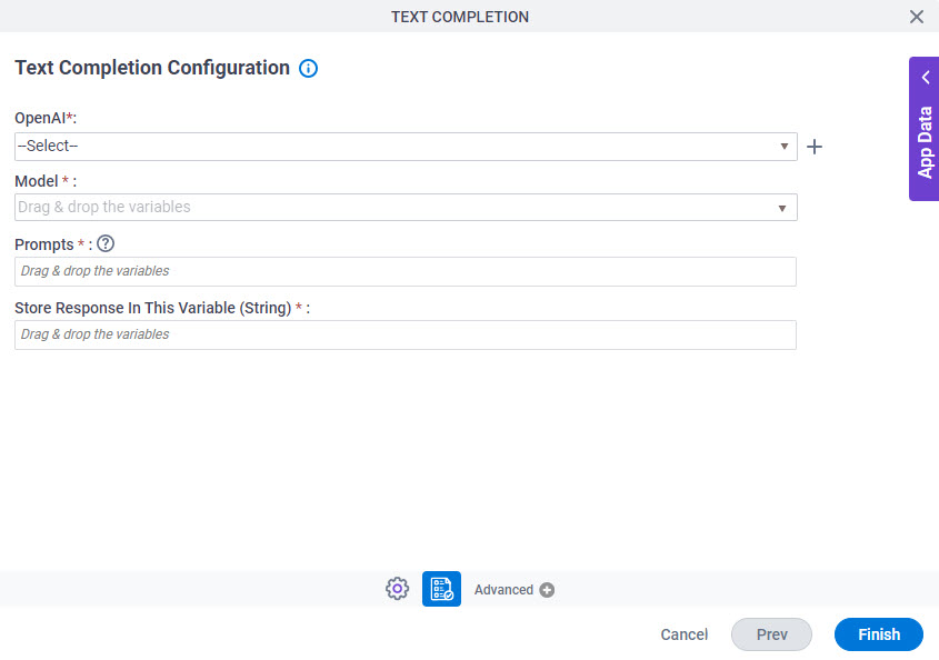 Text Completion Configuration screen