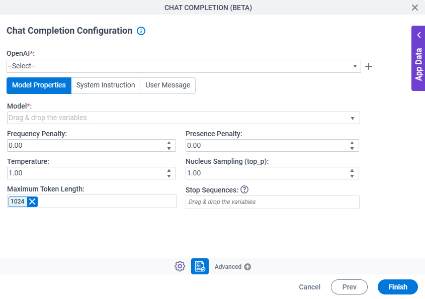 Chat Completion Configuration Model Properties tab