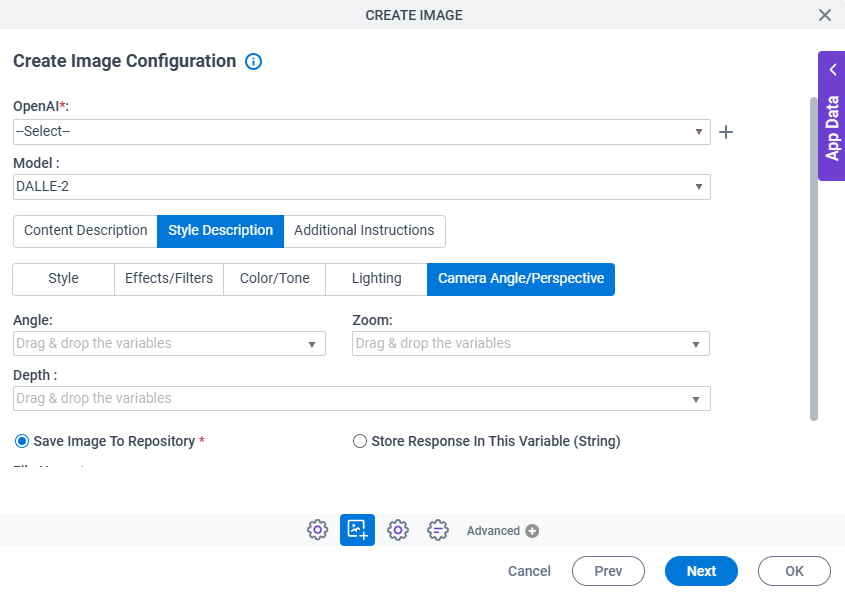 Create Image Configuration Style Description Camera Angle Perspective tab