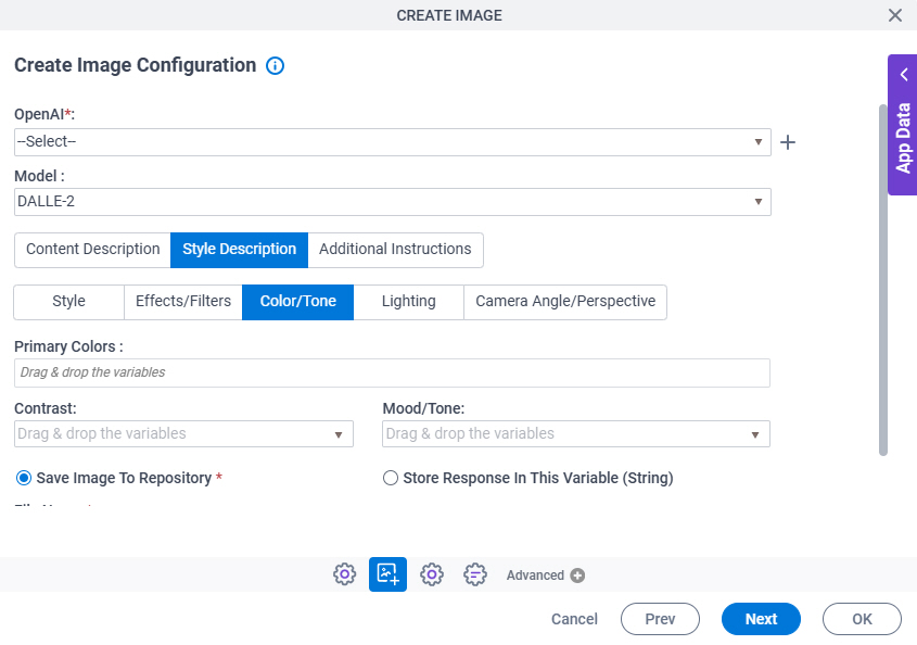 Create Image Configuration Style Description Color Tone tab