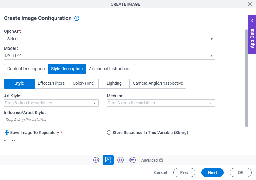 Create Image Configuration Style Description Style tab