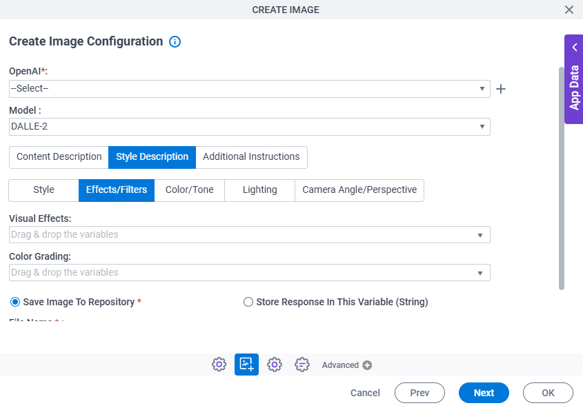 Create Image Configuration Style Description Effects Filters tab