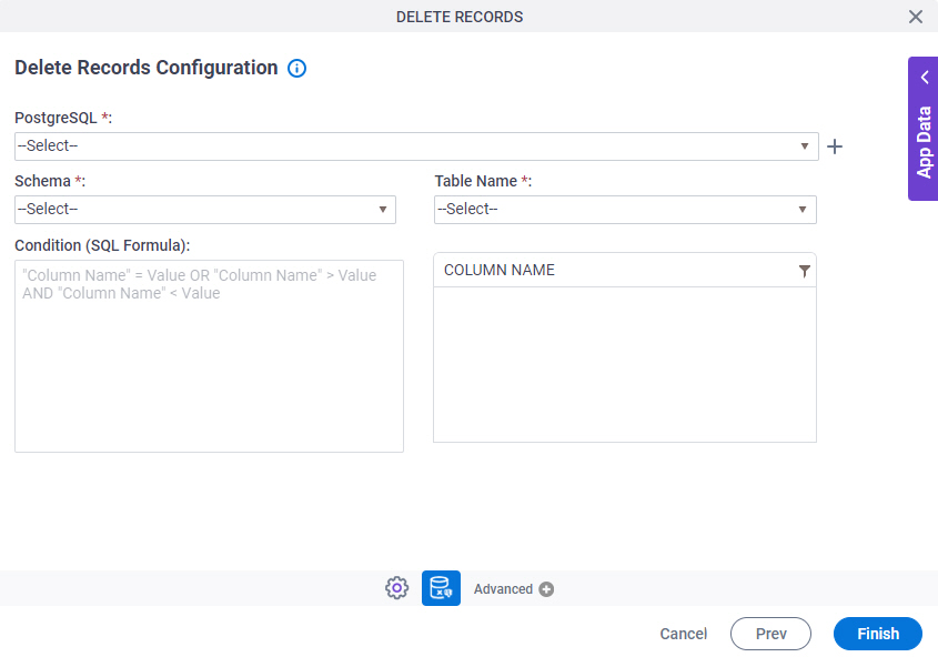 Delete Records Configuration screen