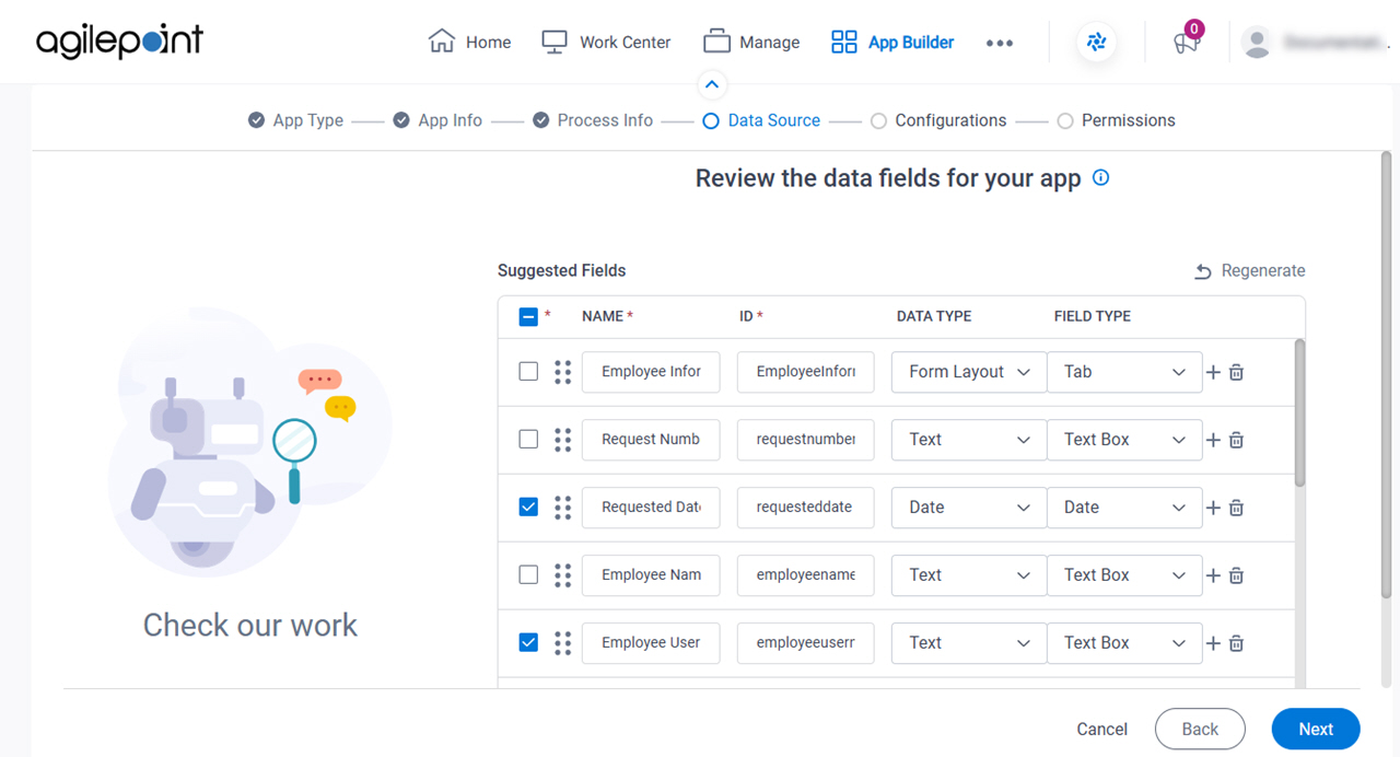 Review the data fields for your app screen