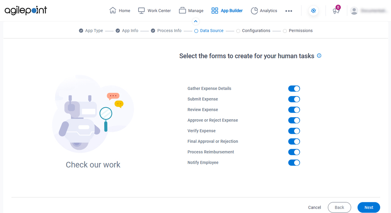 Select the forms to create for your human tasks screen