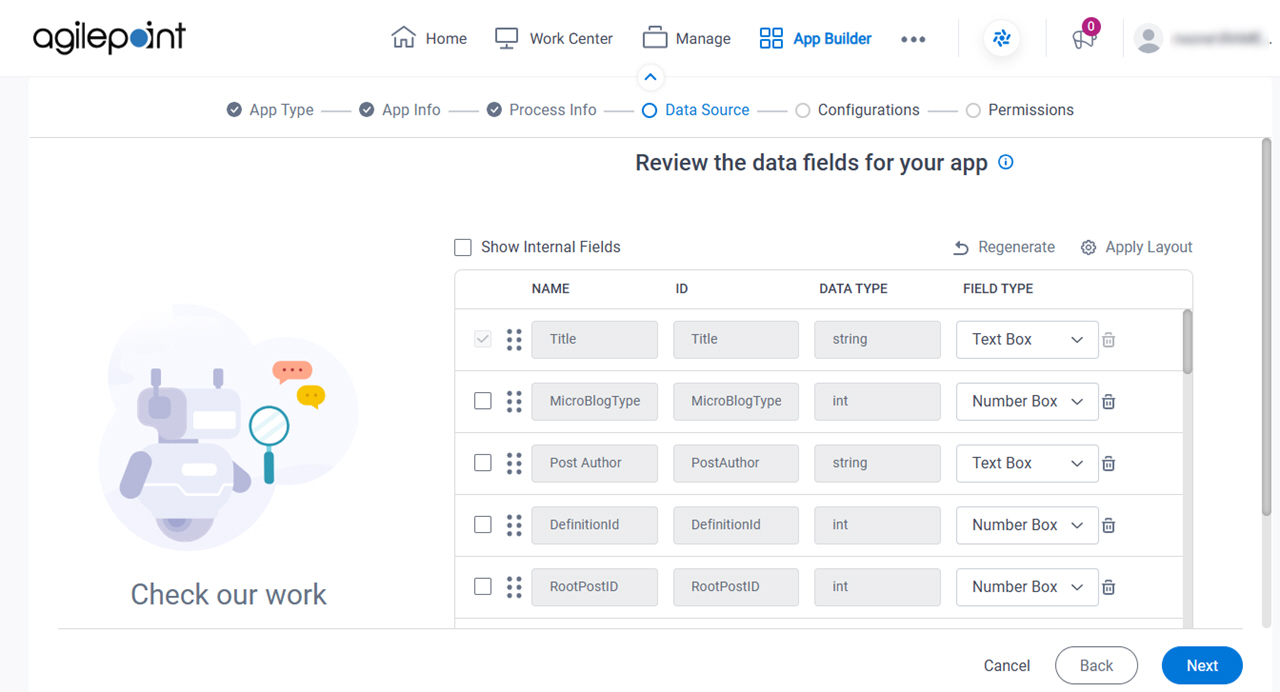 Review the data fields for your app screen