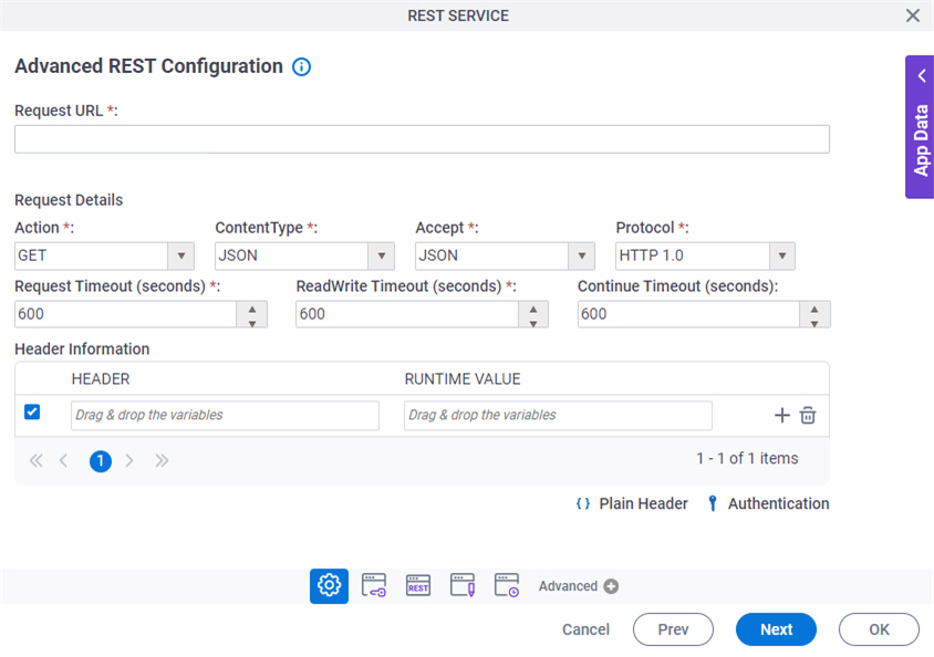 Advanced REST Configuration screen