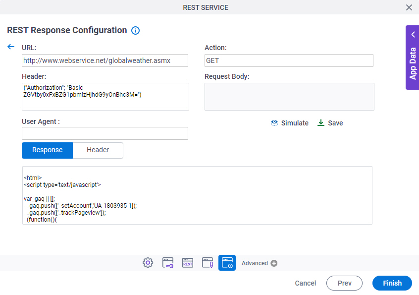 REST Response Configuration Simulate screen