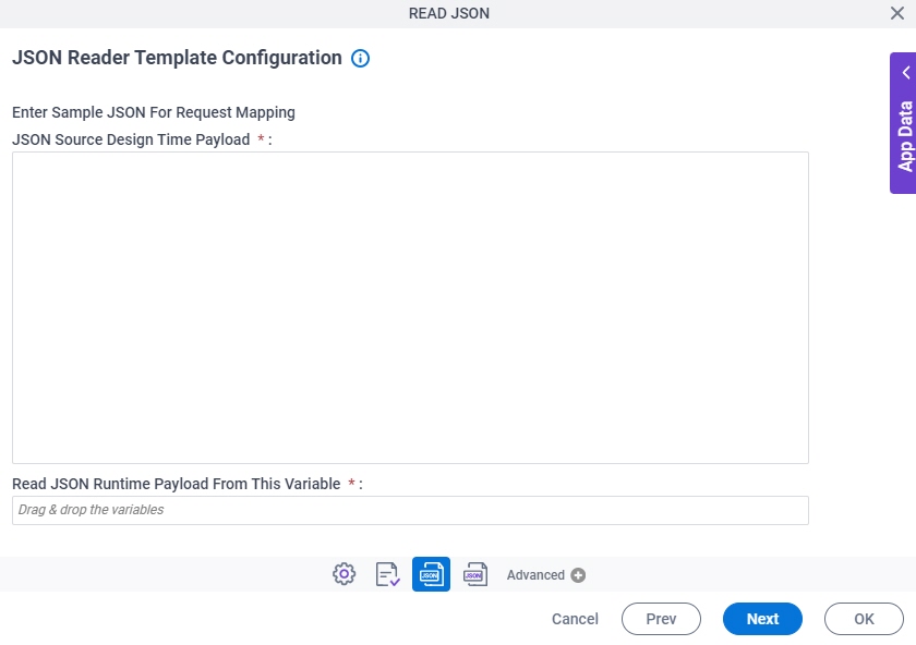 JSON Reader Template Configuration screen