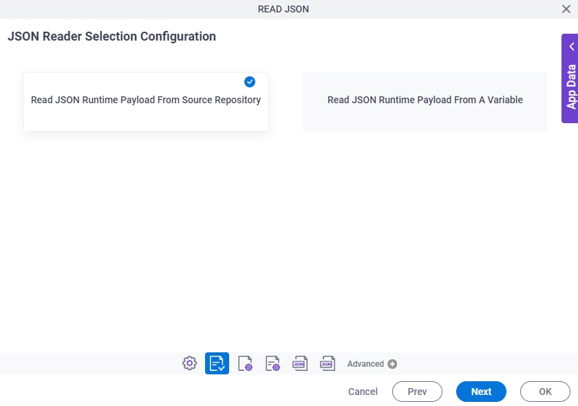 JSON Reader Selection Configuration screen