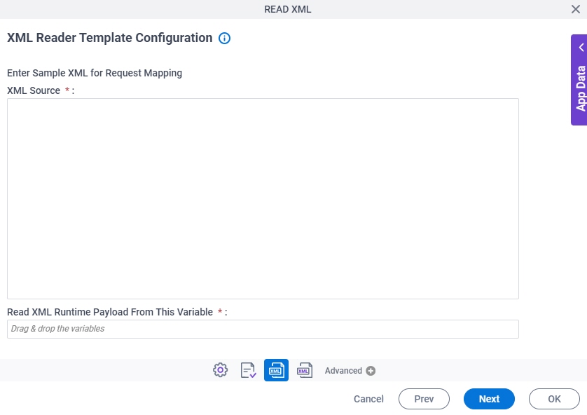 XML Reader Template Configuration screen