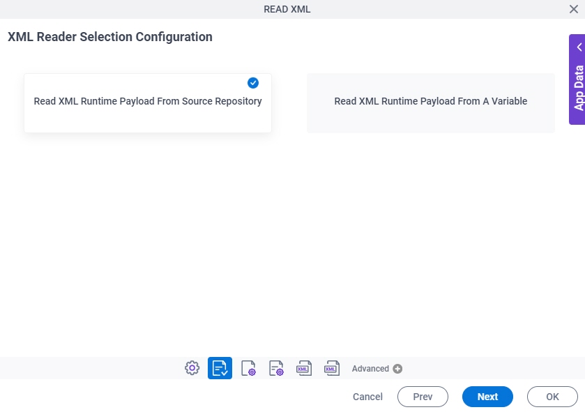 XML Reader Selection Configuration screen