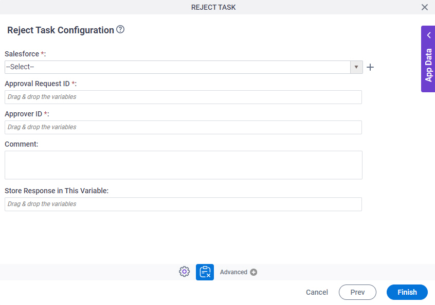 Reject Task Configuration screen