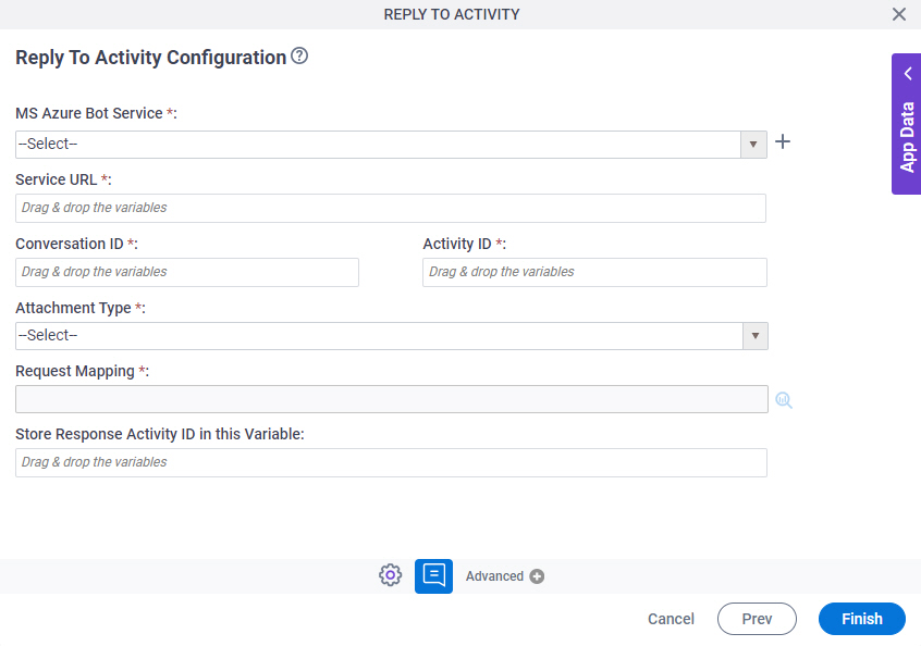 Reply To Activity Configuration screen