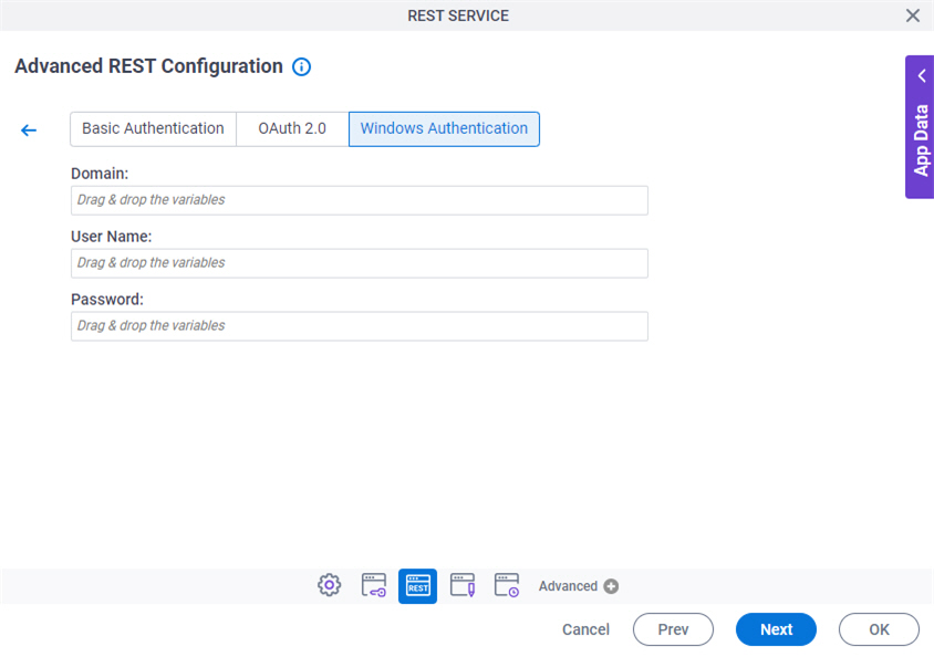 Advanced REST Configuration Authentication screen Windows Authentication tab