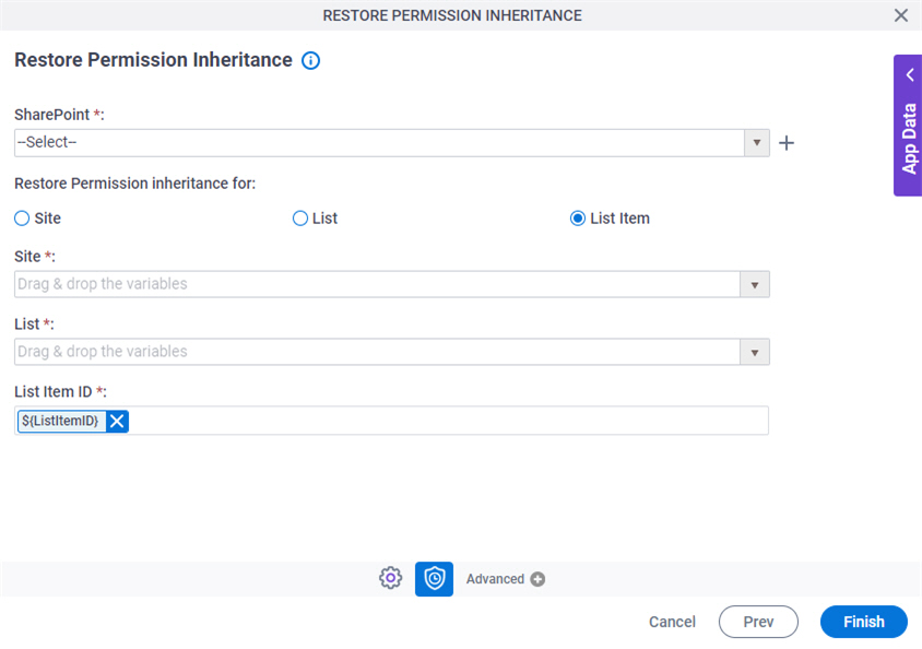 Restore Permission Inheritance screen