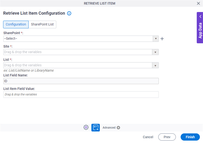 Retrieve List Item Configuration Configuration tab