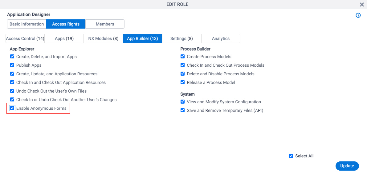 Application Builder screen