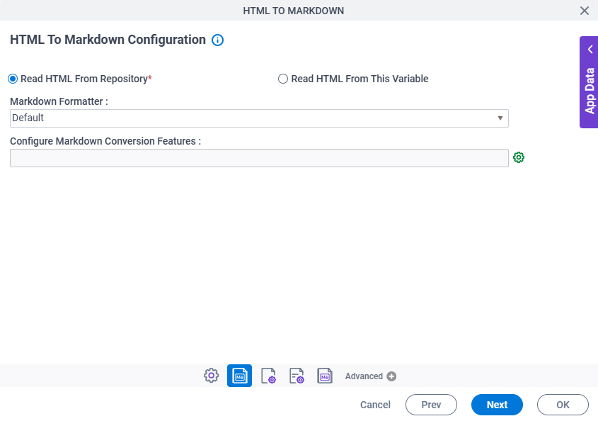 HTML To Markdown Configuration screen