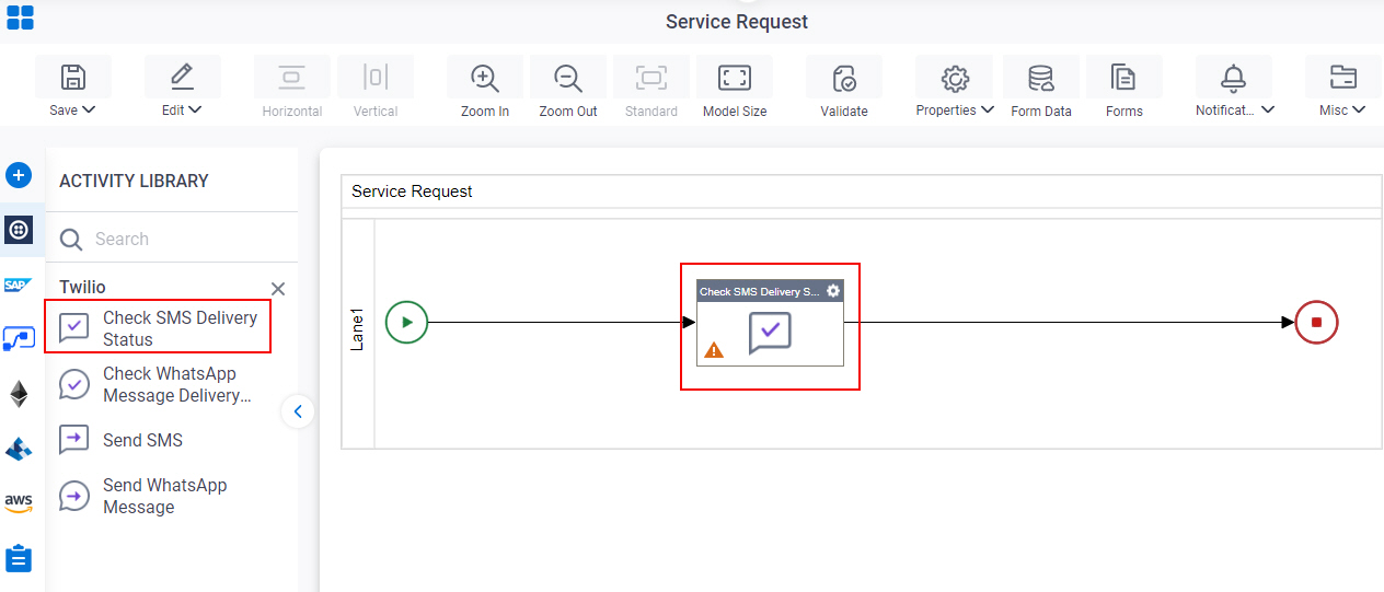 Drag Check SMS Delivery Status activity