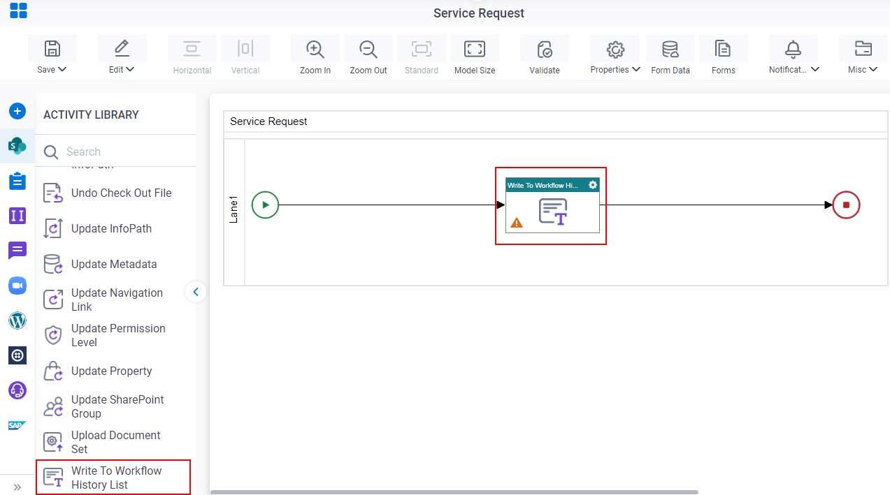 Drag Write To Workflow History List activity