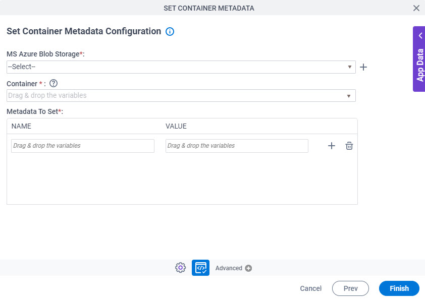 Set Container Metadata Configuration screen