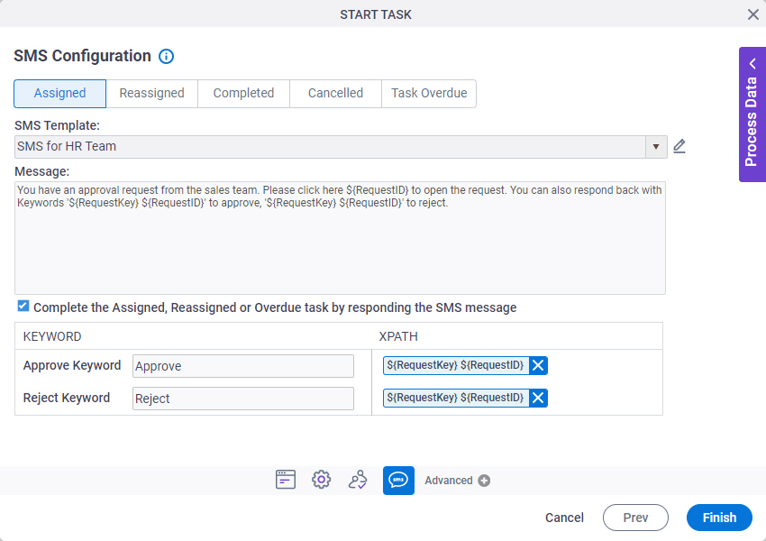 SMS Configuration screen