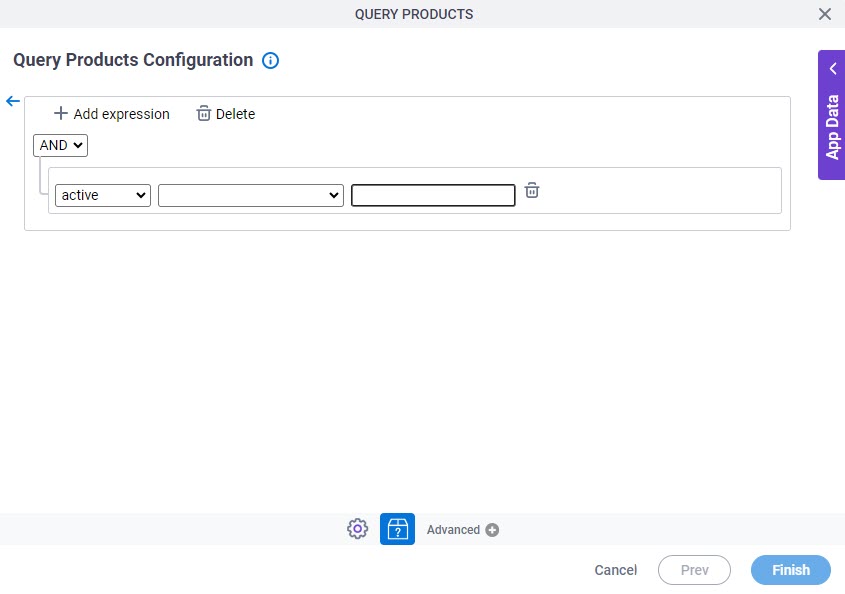 Query Products Configuration Where tab Create Conditions