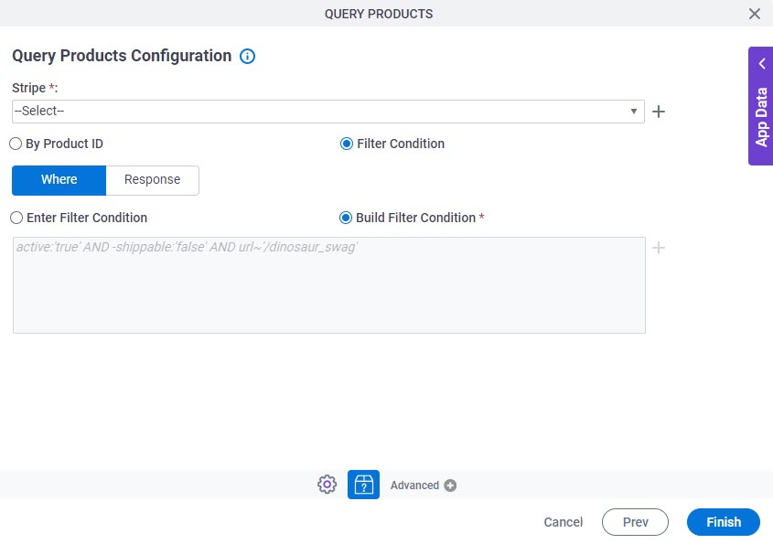 Query Products Configuration Where tab