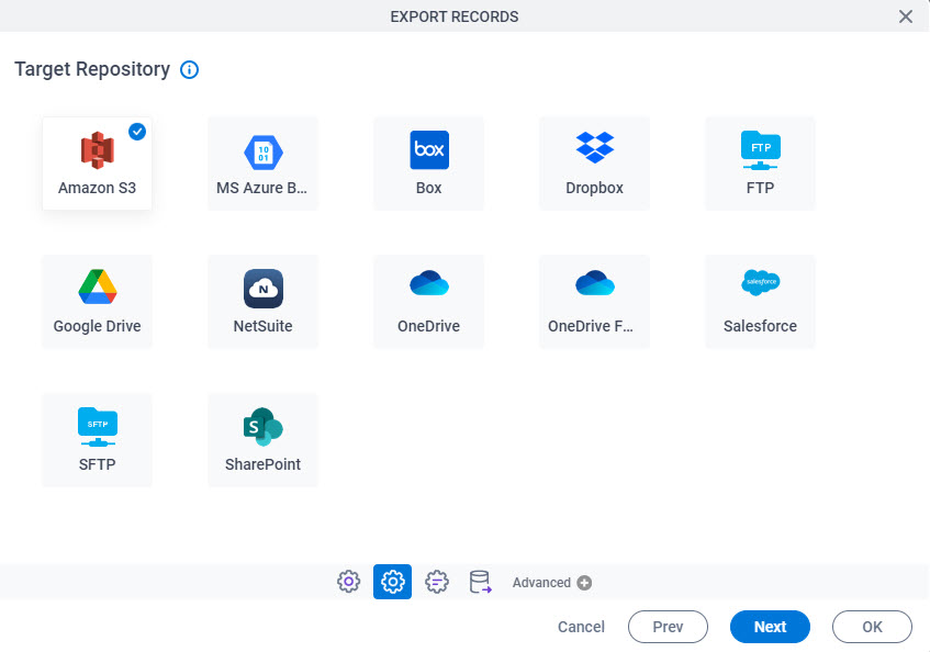 Target Repository screen