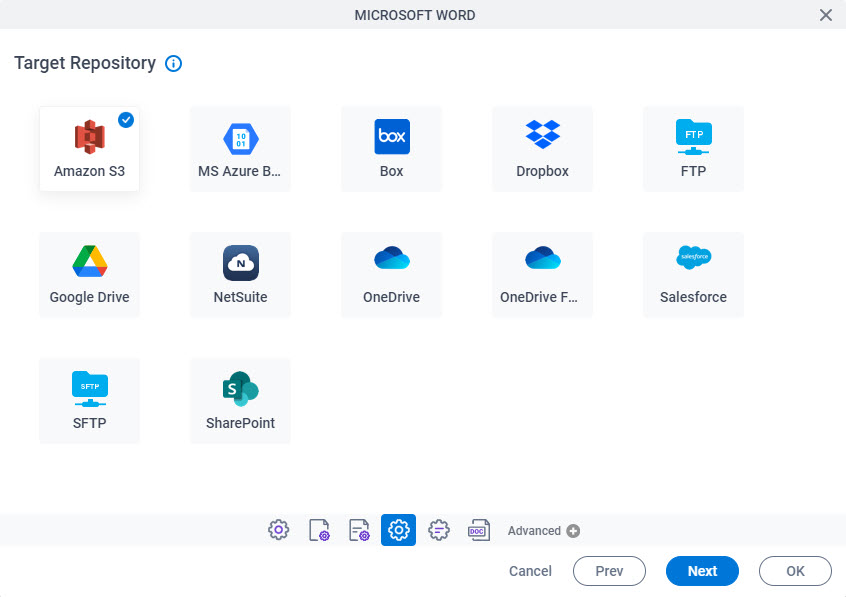 Target Repository screen