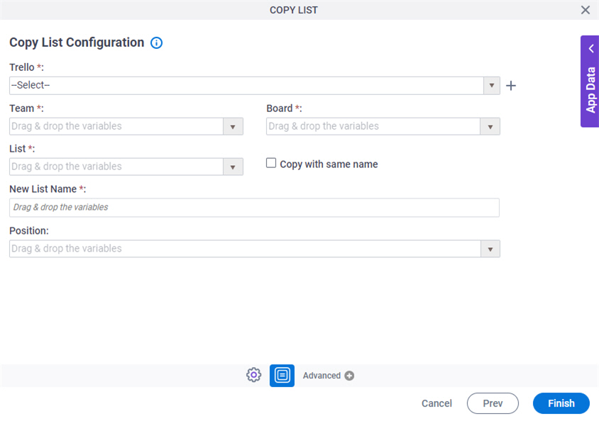 Copy List Configuration screen