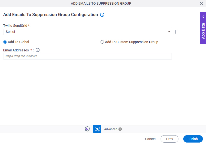 Add Emails To Suppression Group Configuration screen