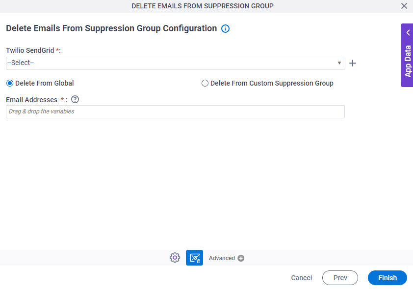 Delete Emails From Suppression Group Configuration screen