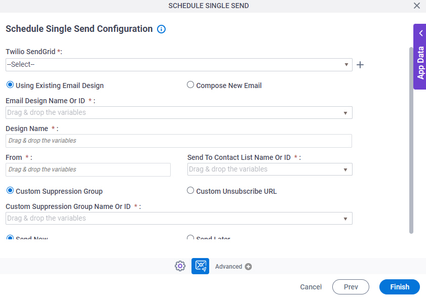 Schedule Single Send Configuration screen