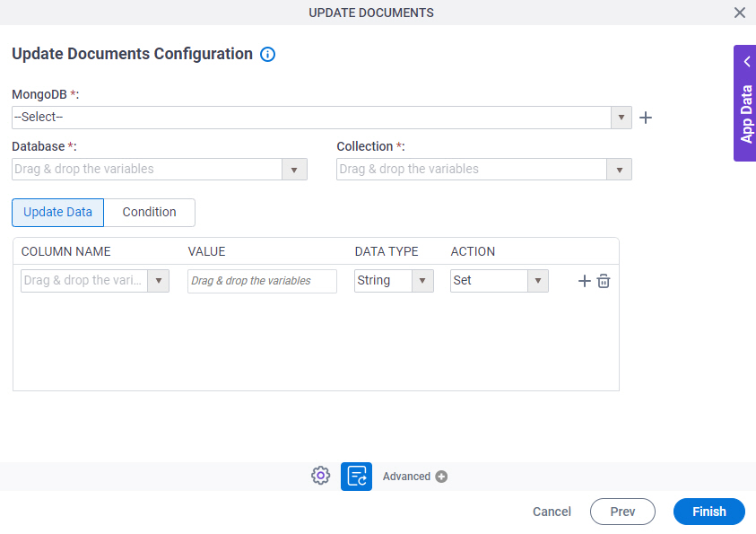 Update Documents Configuration Update Data tab