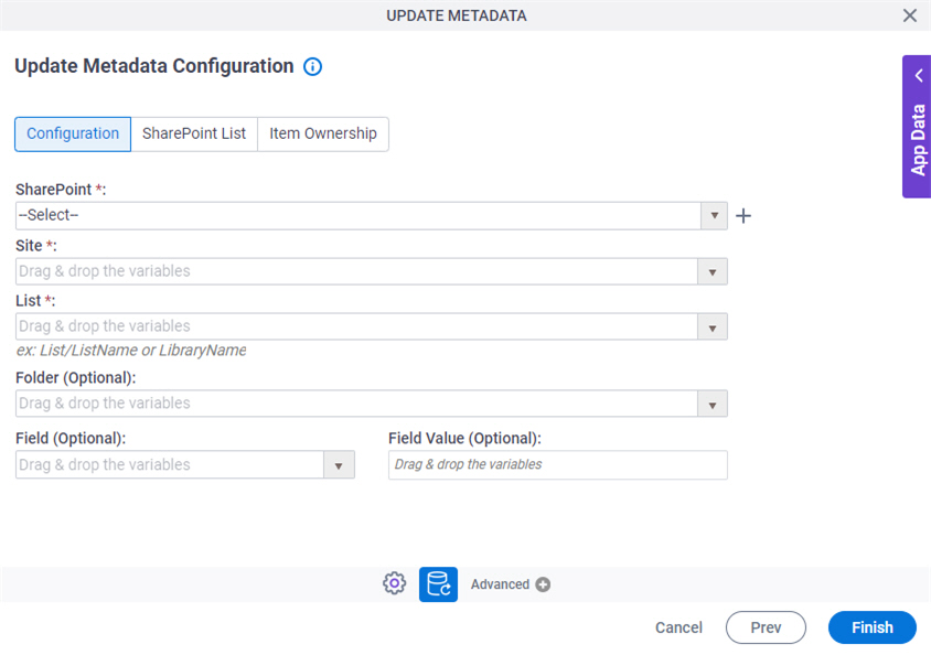 Update Metadata Configuration Configuration tab